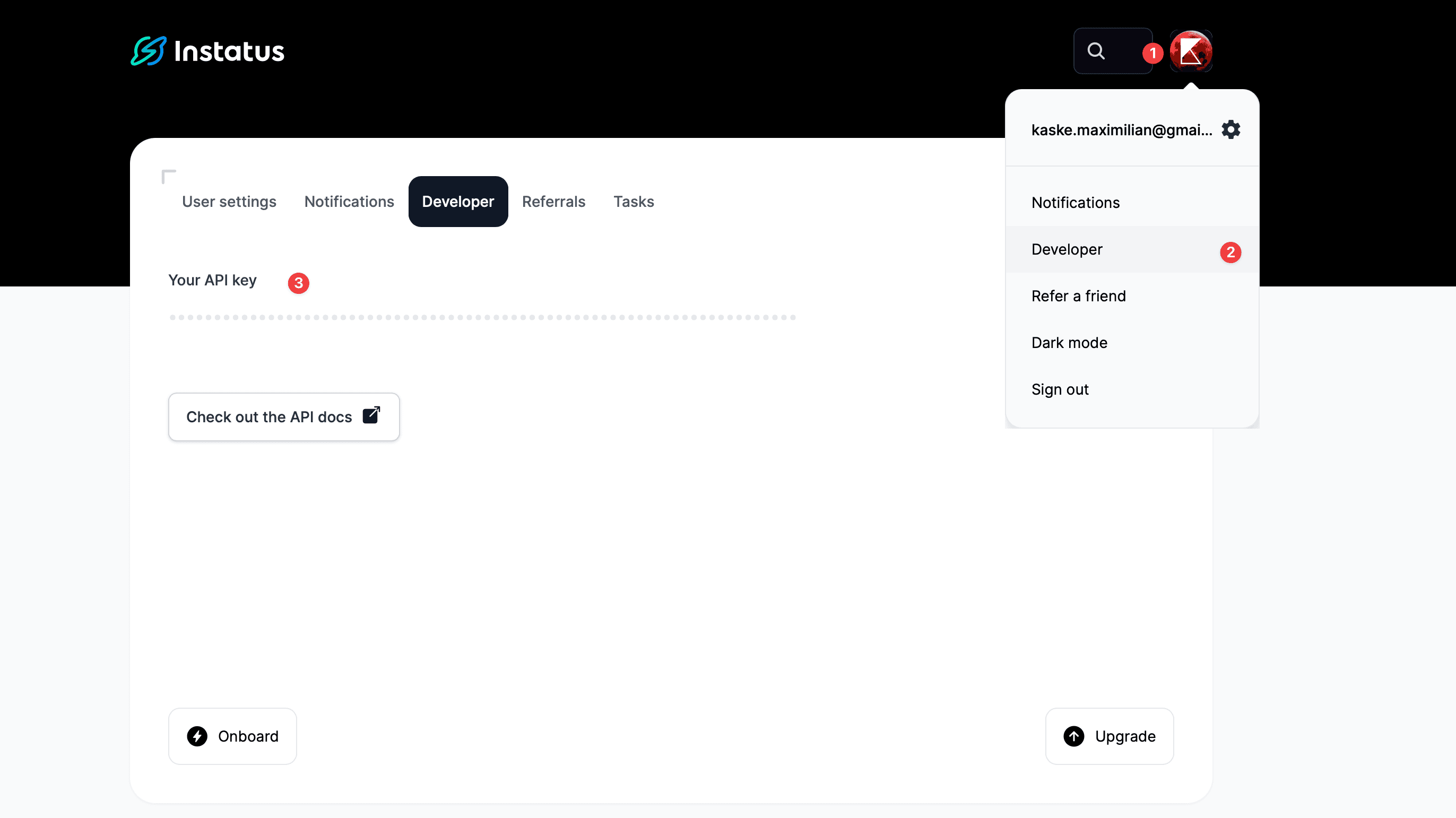 Instatus developer settings page showing where to find the API key